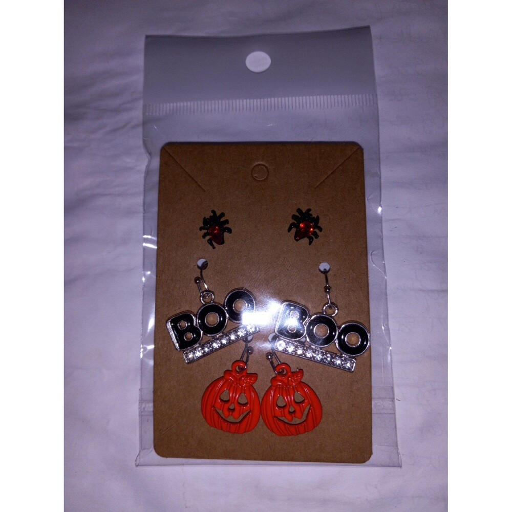 Halloween Earrings Set of 3 Spiders Boo Jack-o-Lanterns Studs Dangle Rhinestones